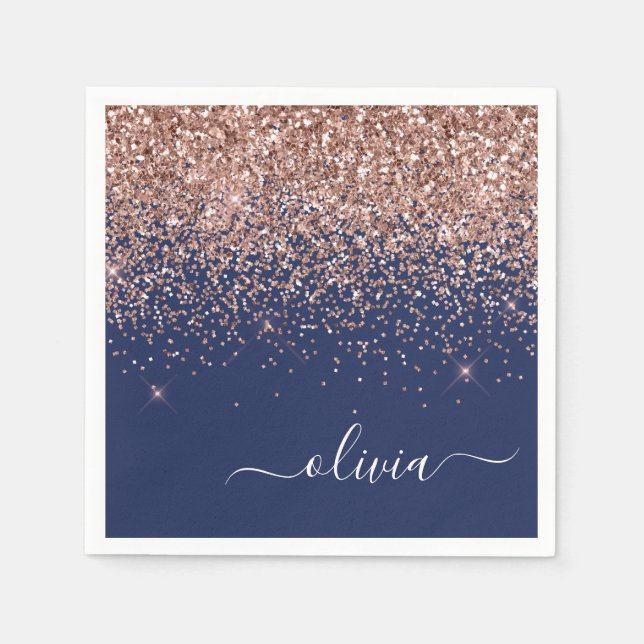 Blush Pink Rose Gold Navy Blue Glitter Monogram Napkin (Front)