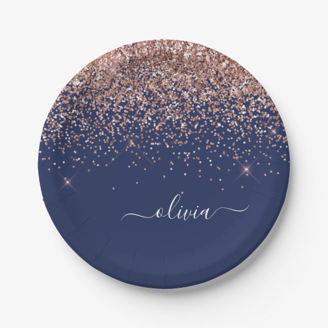 Blush Pink Rose Gold Navy Blue Glitter Monogram Paper Plate (Front)