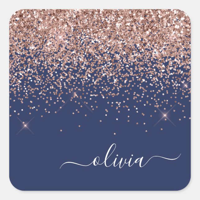 Blush Pink Rose Gold Navy Blue Glitter Monogram Square Sticker (Front)