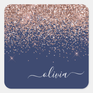 Blush Pink Rose Gold Navy Blue Glitter Monogram Square Sticker