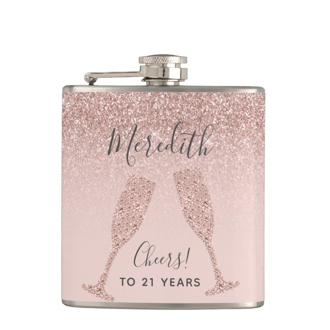 Blush Pink Rose Gold Ombre 21st Birthday Gift Hip Flask (Front)