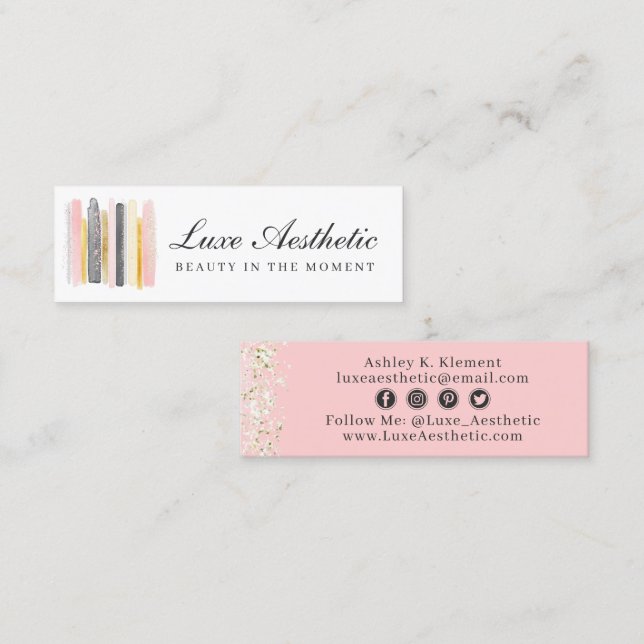 Blush Pink & Rose Gold Paint Strokes Social Media Mini Business Card (Front/Back)