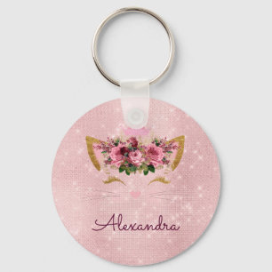 Blush Pink - Rose Gold Princess Kitty Monogram Key Ring