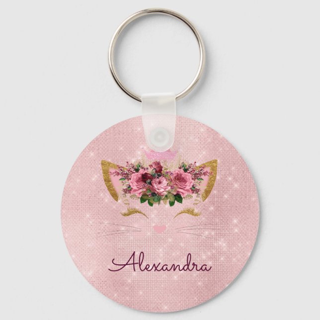 Blush Pink - Rose Gold Princess Kitty Monogram Key Ring (Front)