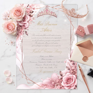 Blush pink rose gold princess quinceañera acrylic invitations