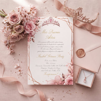 Blush pink rose gold princess quinceañera invitation