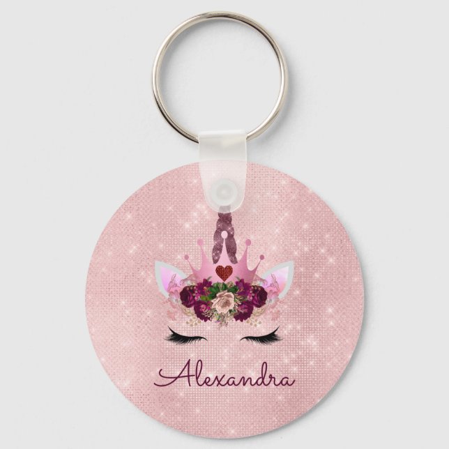 Blush Pink - Rose Gold Princess Unicorn Monogram Key Ring (Front)