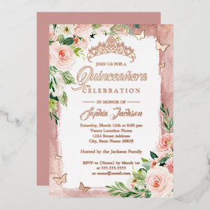 Blush Pink Rose Gold Quinceanera Floral Butterfly 