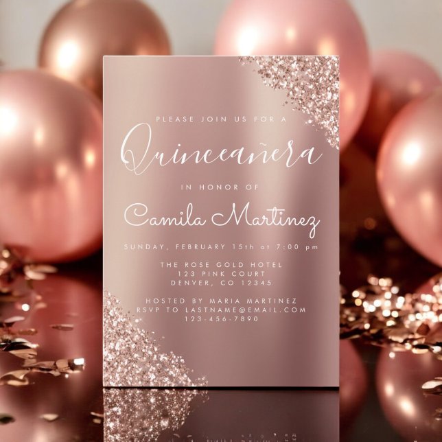 Blush Pink - Rose Gold Quinceanera Glitter Party Invitation (Creator Uploaded)