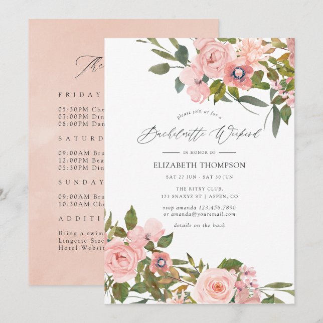 Blush Pink & Rose Gold Roses Bachelorette Weekend Invitation (Front/Back)
