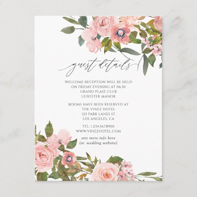 Blush Pink & Rose Gold Roses Wedding Guest Details Enclosure Card (Front)