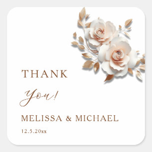 Blush Pink Rose Gold Roses Wedding Thank You Square Sticker