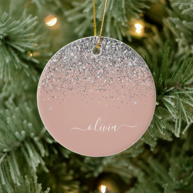 Blush Pink Rose Gold Silver Glitter Monogram Ceramic Tree Decoration (Tree)