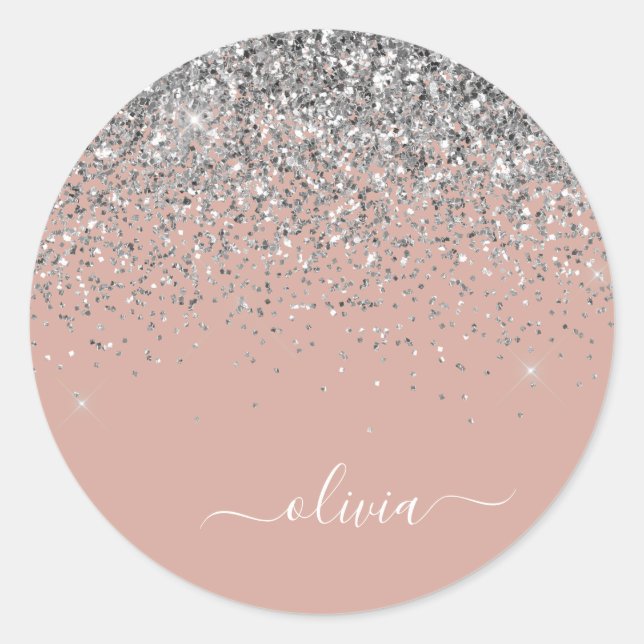 Blush Pink Rose Gold Silver Glitter Monogram Classic Round Sticker (Front)