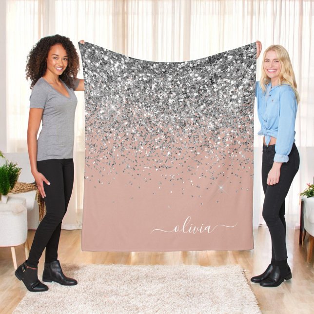 Blush Pink Rose Gold Silver Glitter Monogram Fleece Blanket (Creator Uploaded)