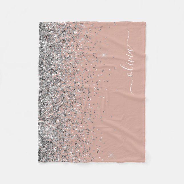 Blush Pink Rose Gold Silver Glitter Monogram Fleece Blanket (Front)