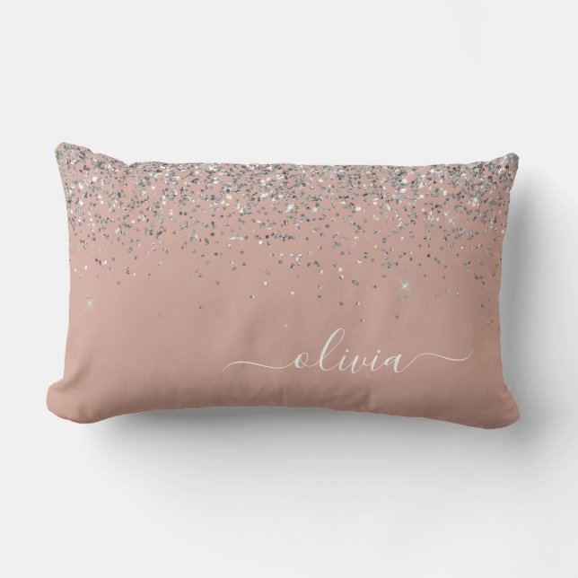 Blush Pink Rose Gold Silver Glitter Monogram Lumbar Cushion (Front)