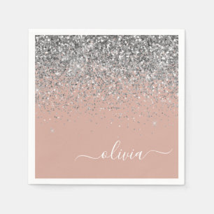 Blush Pink Rose Gold Silver Glitter Monogram Napkin