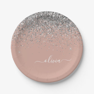 Blush Pink Rose Gold Silver Glitter Monogram Paper Plate