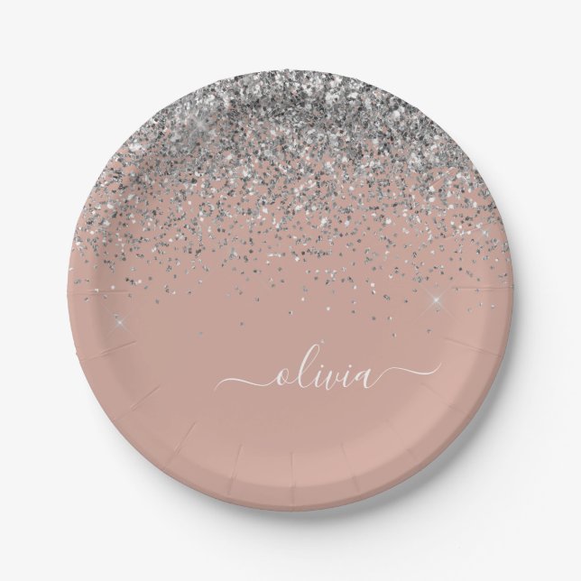 Blush Pink Rose Gold Silver Glitter Monogram Paper Plate (Front)