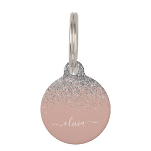 Blush Pink Rose Gold Silver Glitter Monogram Pet Tag