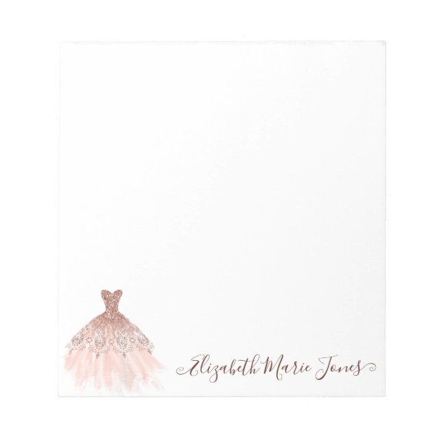 Blush Pink Rose Gold Sparkle Dress Girly Script Notepad (Front)