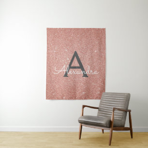 Blush Pink - Rose Gold Sparkle Glitter Monogram Tapestry
