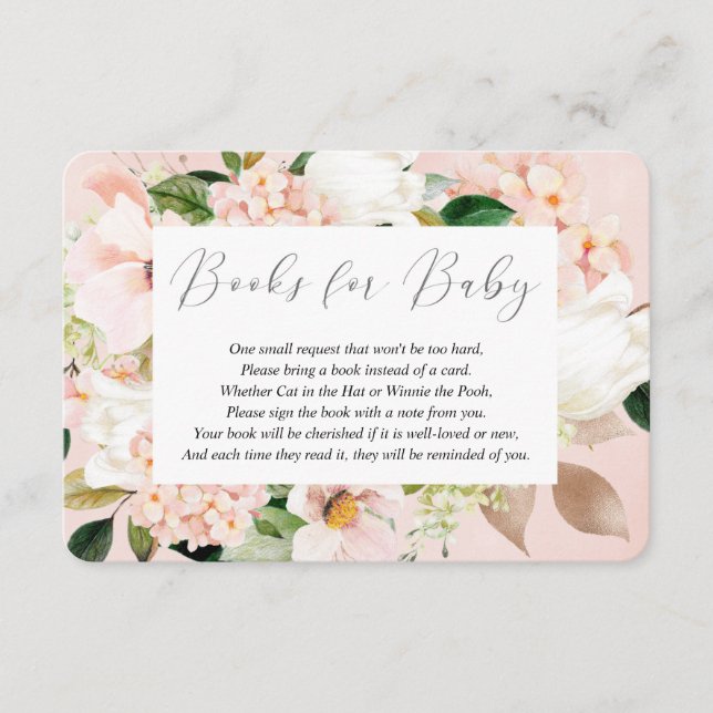 Blush pink rose gold spring florals books for baby enclosure card (Front)