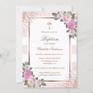Blush Pink Rose Gold Striped Floral Girl Baptism Invitation
