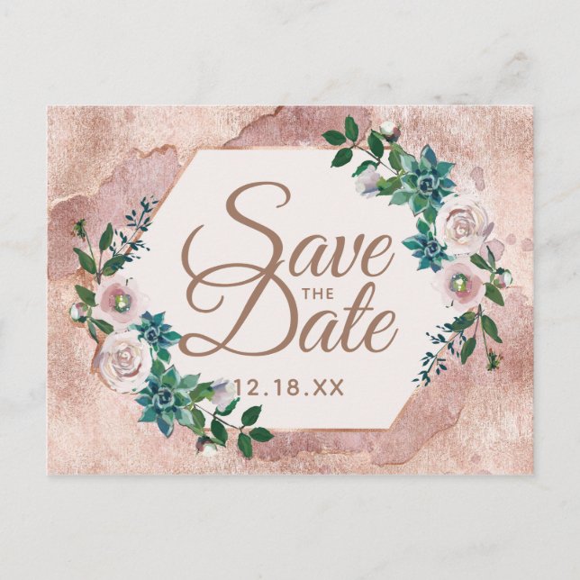 Blush Pink Rose Gold Succulents Save the Date Announcement Postcard (Front)