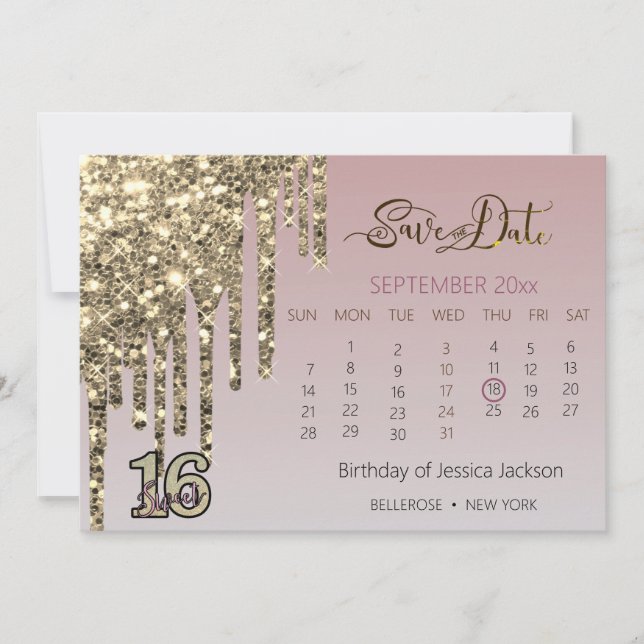 Blush Pink  Rose Gold Sweet Sixteen Save The Date (Front)