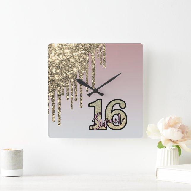 Blush Pink  Rose Gold Sweet Sixteen Square Wall Clock (Home)