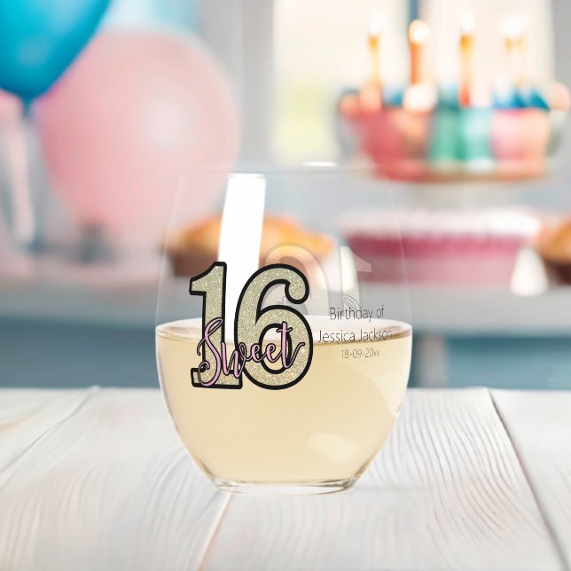 Blush Pink  Rose Gold Sweet Sixteen Stemless Wine Glass (Insitu (Baby Shower))