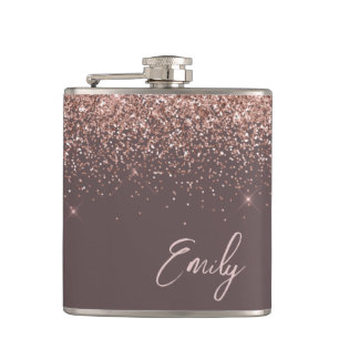 Blush Pink Rose Gold Terracotta Glitter Monogram Hip Flask
