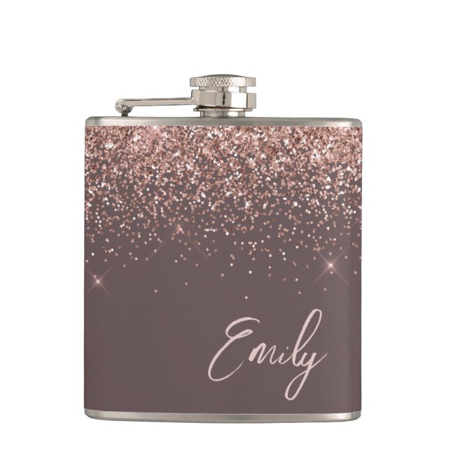 Blush Pink Rose Gold Terracotta Glitter Monogram Hip Flask (Front)