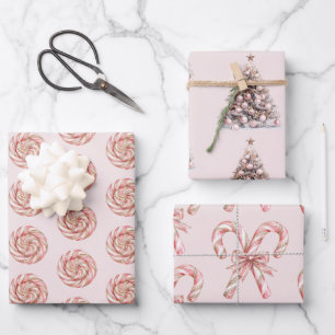 Blush Pink Rose Gold White Peppermints Christmas   Wrapping Paper Sheet