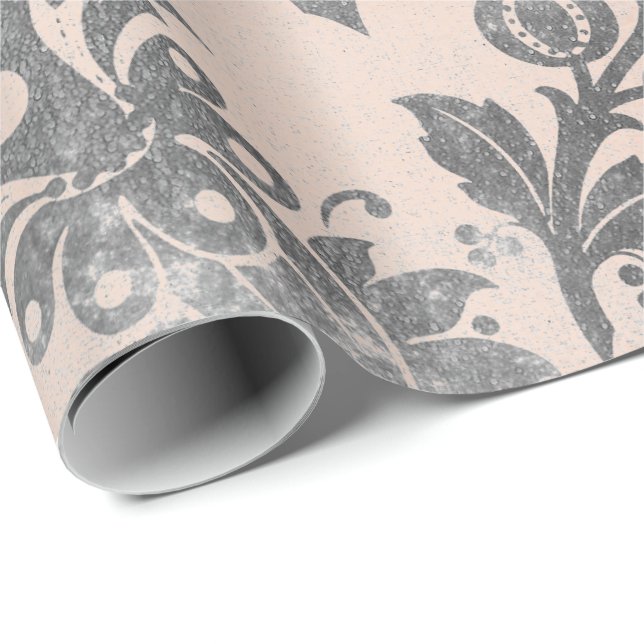 Blush Pink Rose Gray  Floral Powder Grungy Damask Wrapping Paper (Roll Corner)