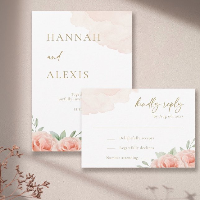 Blush Pink Rose Green Leaves Elegant Wedding RSVP Invitation (Creator Uploaded)
