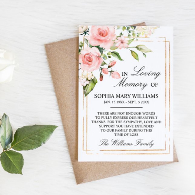 Blush Pink Rose & Green Leaves Sympathy Memory Thank You Card (Creator Uploaded)