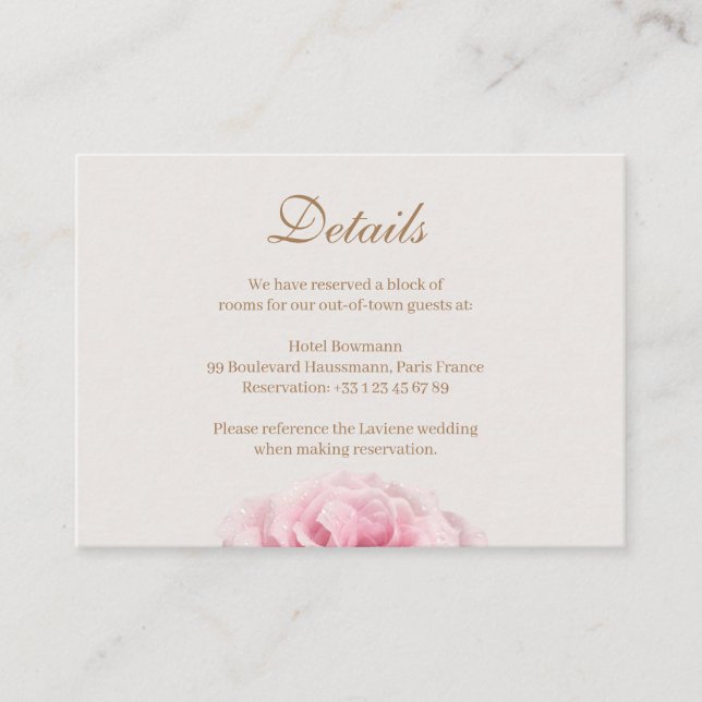 Blush Pink Rose Ivory Gold Wedding Hotel Detail Enclosure Card (Front)