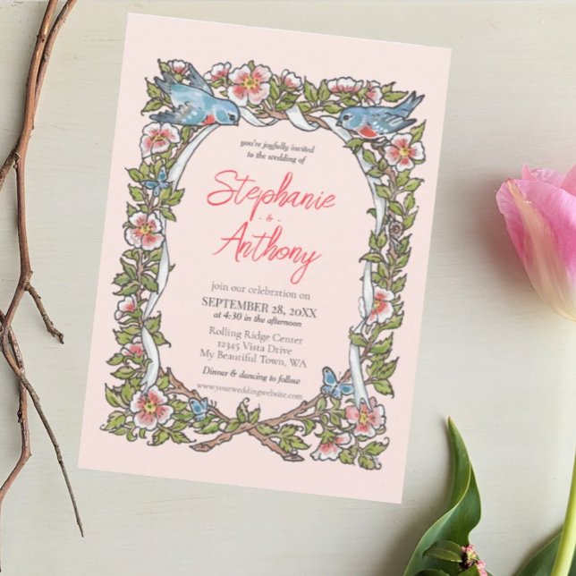 Blush Pink Rose & Love Bird Pastel Border Wedding Invitation (Creator Uploaded)