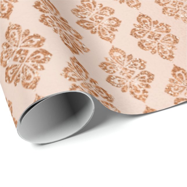 Blush Pink Rose Peach Copper Floral Damask Wrapping Paper (Roll Corner)