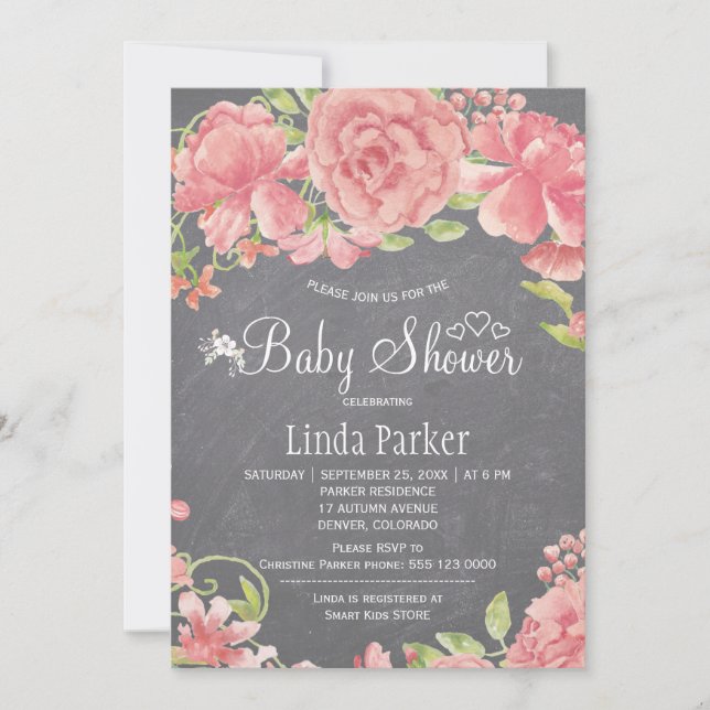 Blush pink rose peonies chalkboard baby shower invitation (Front)