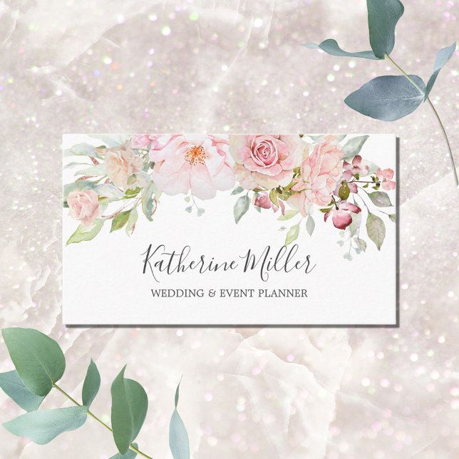 Blush Pink Rose Peony Flower Romantic Floral Business Card (Close up front)