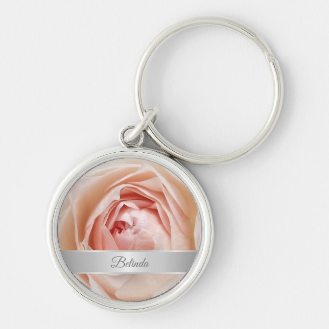 Blush Pink Rose Photo Silver Key Ring (Front)