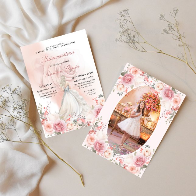 Blush Pink Rose Quinceañera Photo  Invitation (Creator Uploaded)