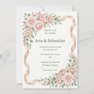 Blush Pink Rose Ribbon Wedding Invitation
