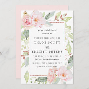 Blush Pink Rose Rustic Floral Wedding Invitation