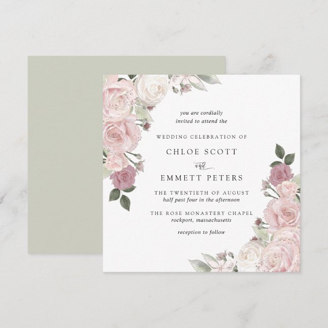 Blush Pink Rose Rustic Floral Wedding Invitation (Front/Back)