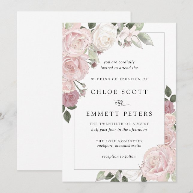 Blush Pink Rose Rustic Floral Wedding Invitation (Front/Back)